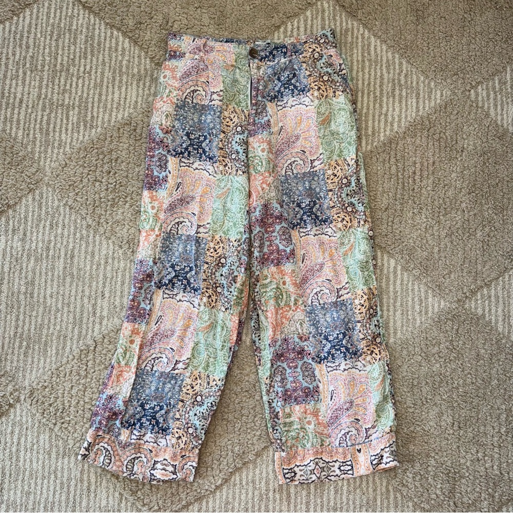 Linen Patchwork Multicolor Pants With Paisley Pri… - image 1